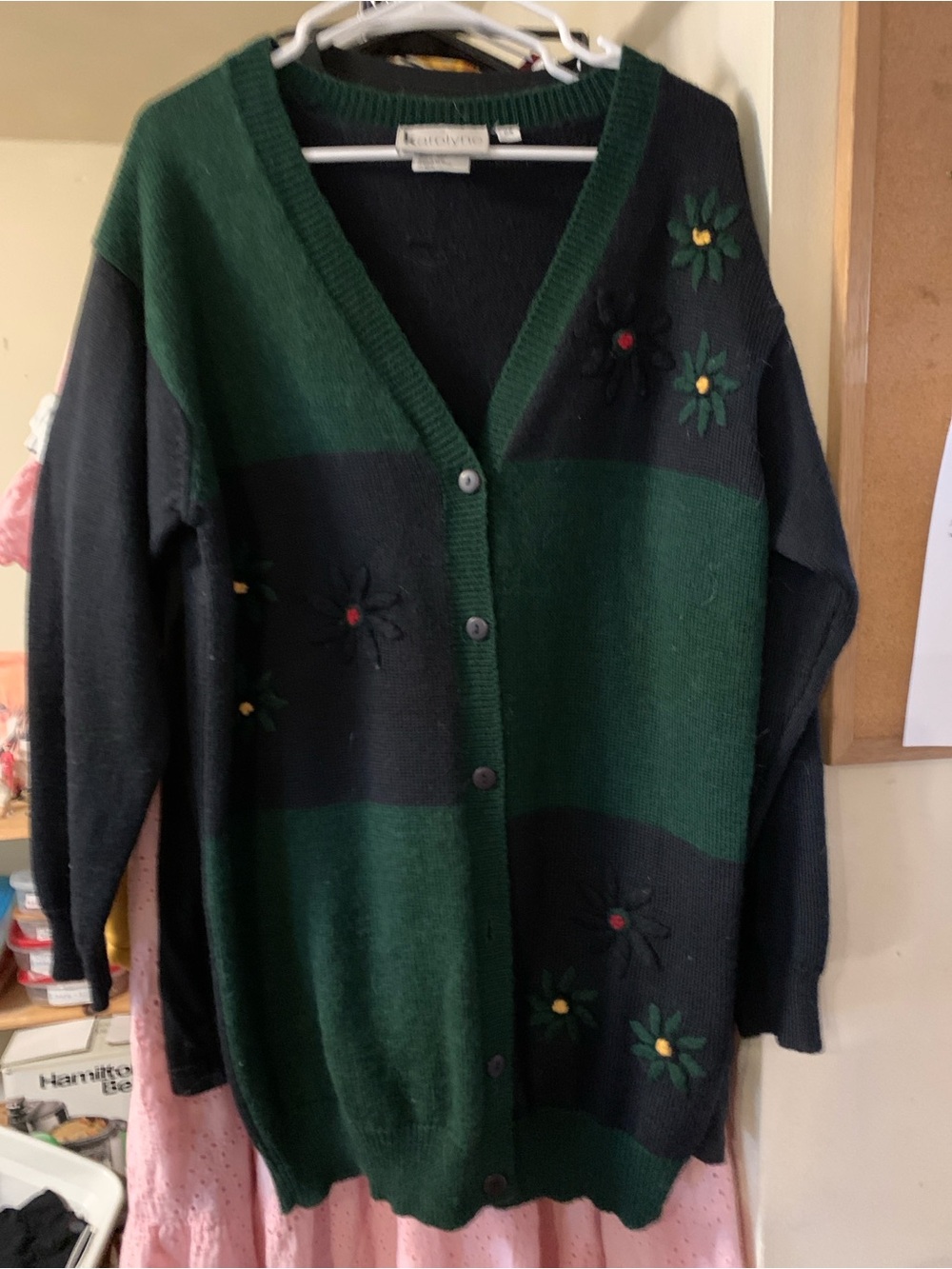 Karolyne Black & Green Striped Floral-Embroidered V‑Neck Cardigan. Size 2X
